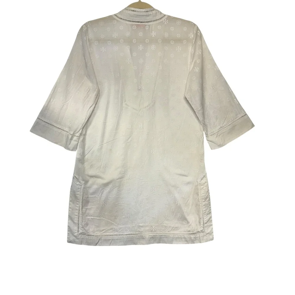 Tory Burch White Logo Print Tunic Quiet Luxury Swim Coverup Dress Elevated Small